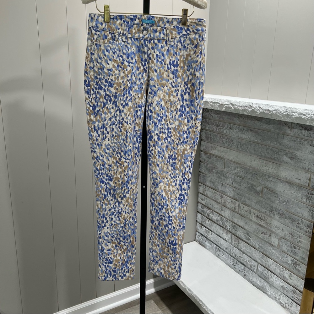 J. McLaughlin Lexi Blue White Tan Watercolor Mid Rise Stretch Skinny Jeans 2